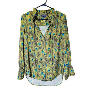 The Limited Button-Up Blouse Women's Size S Peacock Print Flounce Sleeve Ofiice
